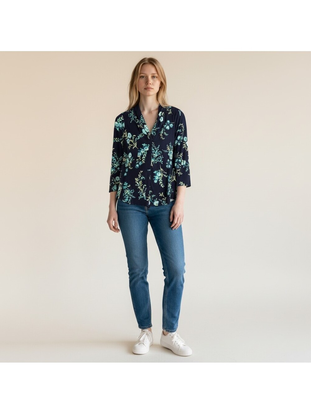 JM Collection Blouse Women PS Petite Blue Floral 3/4 Sleeve V-Neck Casual